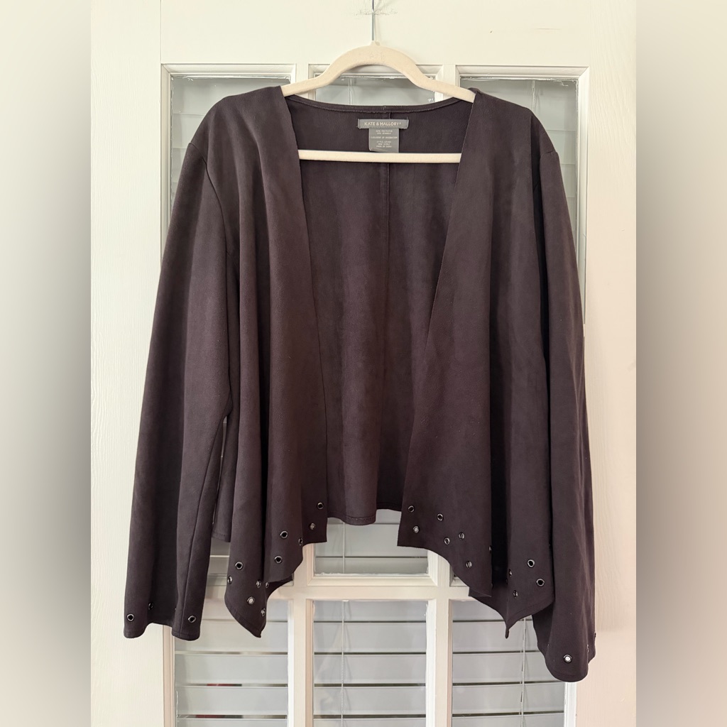 Kate & Mallory Womenâs Xl Brown Faux Suede Stud Detail Cascade Open Jacket